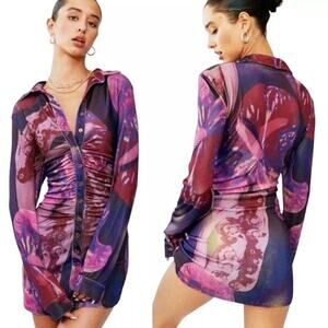 With Jean With x Lord Newry Andy Mini Dress Ruched flower lady Purple SizE XS